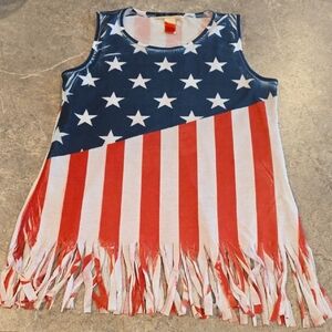 (J37) NYC Red and White Fringe Tank Top for Patriotic Celebrations Sz L